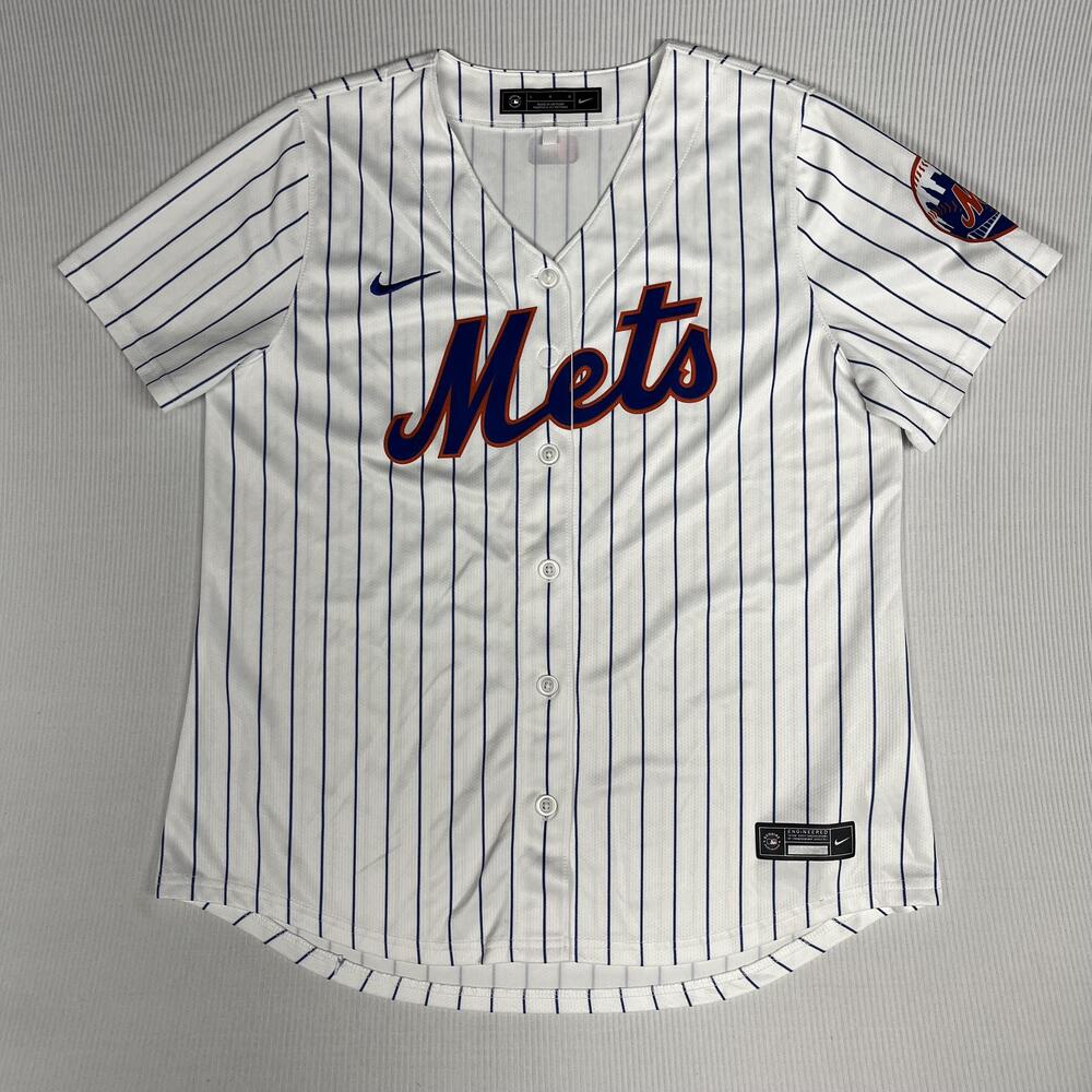 New York Mets Jersey Womens Large White MLB Baseball Nike Pinstripe Button Front